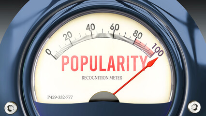 Popularity and Recognition Meter that is hitting a full scale, showing a very high level of popularity, overload of it, too much of it. Maximum value, off the charts.  ,3d illustration