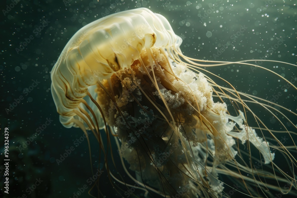 Poster a jellyfish floating in the water with bubbles. suitable for marine life concepts