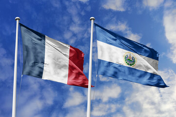 3d illustration. France and El Salvador Flag waving in sky. High detailed waving flag. 3D render....