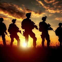 Obraz premium Enduring Strength: Silhouetted Soldiers Stand Watch at Dusk. generative AI