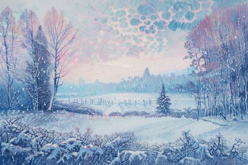 A picturesque painting of a snowy landscape with trees. Suitable for winter-themed designs