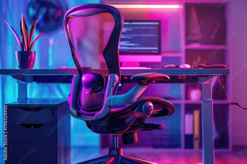Aufkleber A modern computer desk setup with a chair and monitor. Ideal for office or technology concepts