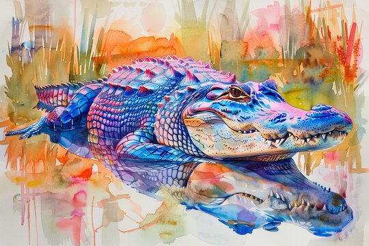 Hand drawn watercolor, vibrant crocodile resting in a serene lake, bright colors, nature scene