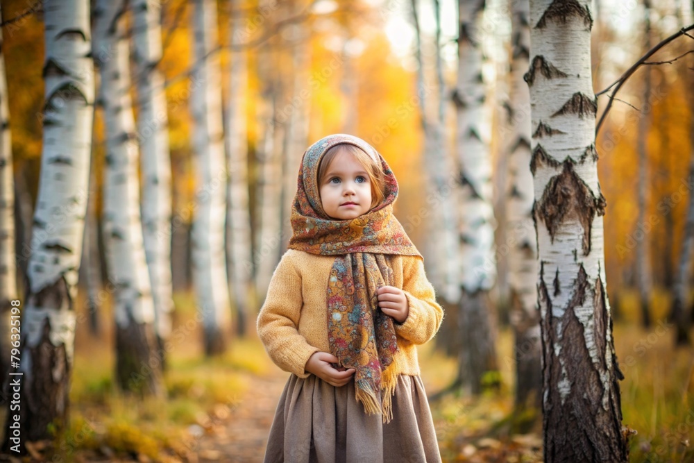 Wall mural Russian folk traditions. Russian flavor. A cute little girl in a national Russian dress and shawl in a beautiful birch grove in autumn. Portrait of a beautiful girl in a birch forest.