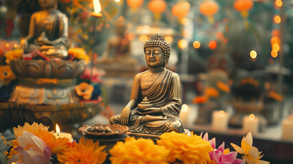 A Buddha statue surrounded by burning candles and flowers. The concept of "Happy Vesak Day". Experience the serene beauty of a Buddhist saint. The bokeh effect in the background.