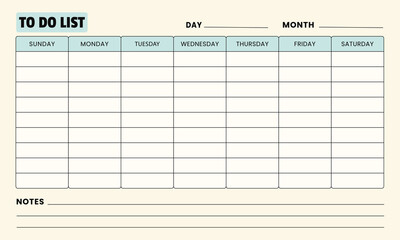 To-do list planning pages with day, month, notes. Vector illustration.
