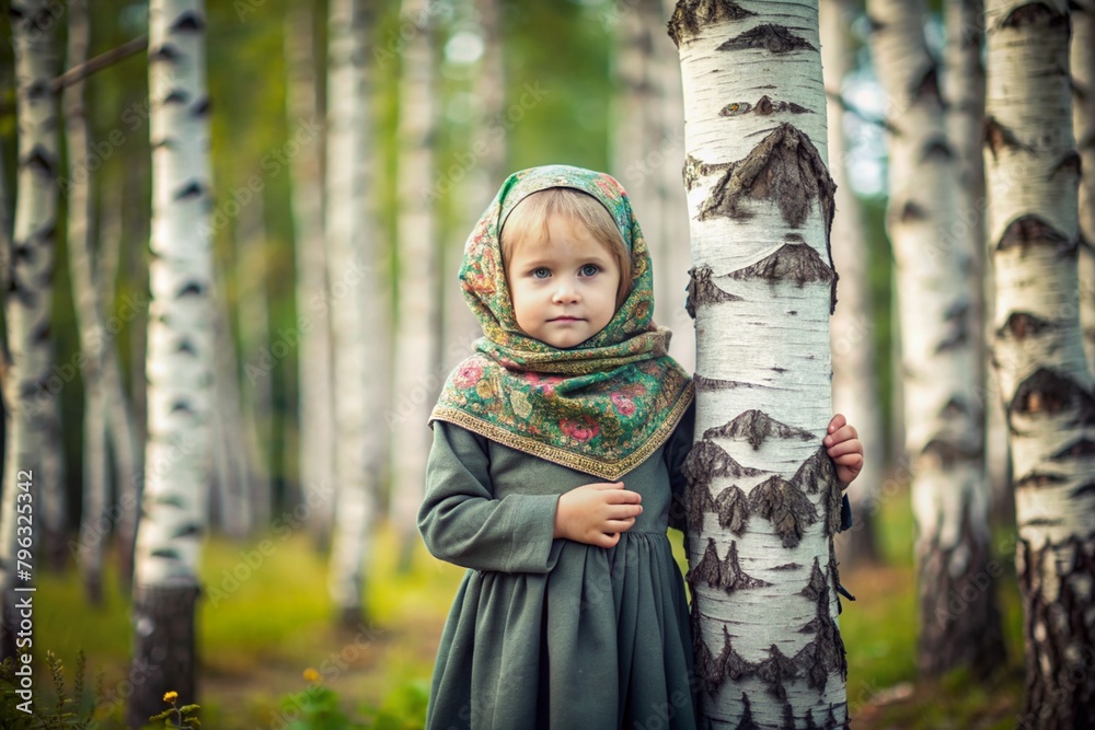 Wall mural Russian folk traditions. Russian flavor. A cute little girl in a national Russian dress and shawl in a beautiful birch grove in summer. Portrait of a beautiful girl in a birch forest.