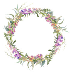 Hand drawn watercolor illustration shabby boho botanical flowers leaves. Willow eucalyptus branch, foxglove snapdragon lupin. Wreath frame isolated on white background. Design wedding, love cards © Elena