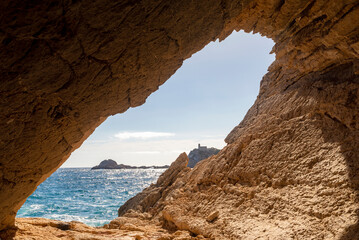 The inclined cave, Punta Grossa cape, Cala de Sant Vicent cove, Sant Joan de Labritja, Ibiza, Balearic Islands, Spain