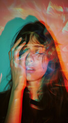 Abstract art portrait of a woman, surrounded by vibrant red and teal lights creating a mysterious and dramatic atmosphere. 