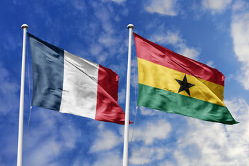 3d illustration. France and Ghana Flag waving in sky. High detailed waving flag. 3D render. Waving in sky. Flags fluttered in the cloudy sky.