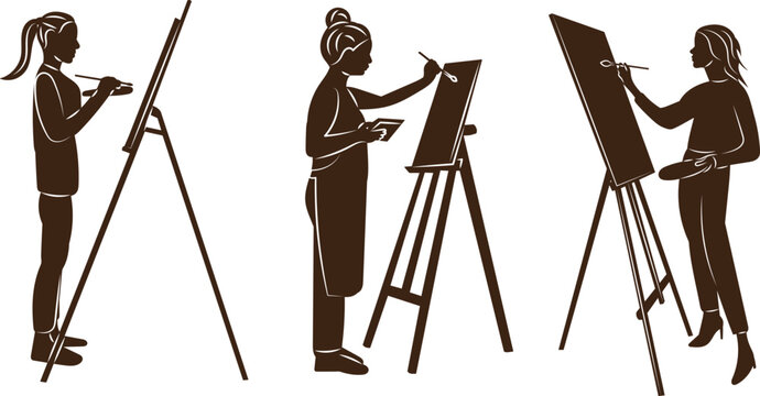female artists paint on an easel silhouette on a white background vector