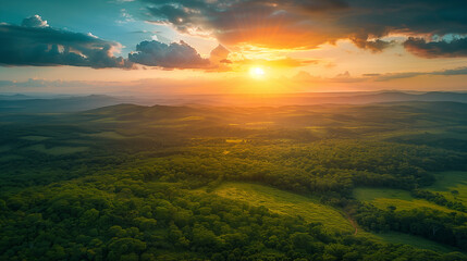 A beautiful sunset over a lush green forest