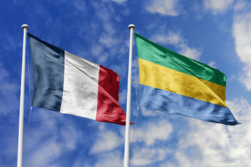 3d illustration. France and Gabon Flag waving in sky. High detailed waving flag. 3D render. Waving...
