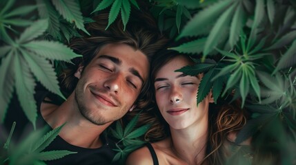 Young couple with marihuana leaves