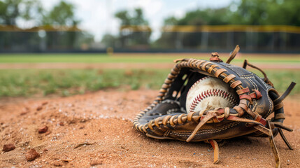 Close-up of a baseball and glove resting on the pitcher's mound, sport stadium field as background