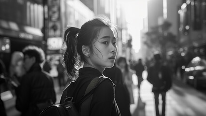 a Korean woman standing on a busy street