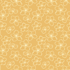 Yellow seamless pattern with simple artistic flowers lines. Vector hand drawn sketch outlines. Abstract contour silhouette floral ornament. Template for design, fabric, printing, surface design