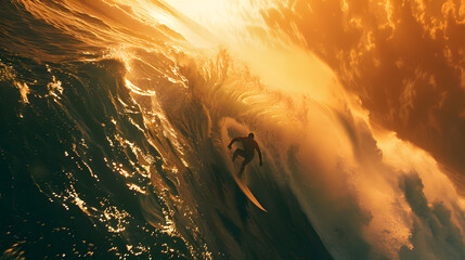 Dramatic wave curling around a surfer in an ocean ablaze with the reflection of the sunset - obrazy, fototapety, plakaty