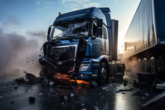 AI generated image of heavy truck accident in evening on highway