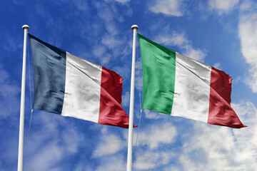 3d illustration. France and Italy Flag waving in sky. High detailed waving flag. 3D render. Waving in sky. Flags fluttered in the cloudy sky.