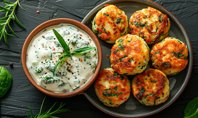 Savory Chicken Spinach Fritters with Cheesy Filling, Sour Cream Dip - Delicious Appetizer, Snack or Entree