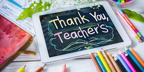 Digital tablet with 'Thank You, Teachers' message surrounded by colorful pencils.
