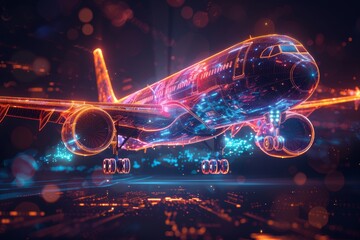 A holographic projection of a commercial jet showcases complex digital visualizations against a dark background.