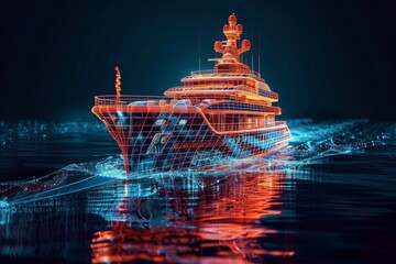 A holographic wireframe model of a large boat at sea, glowing in the dark.