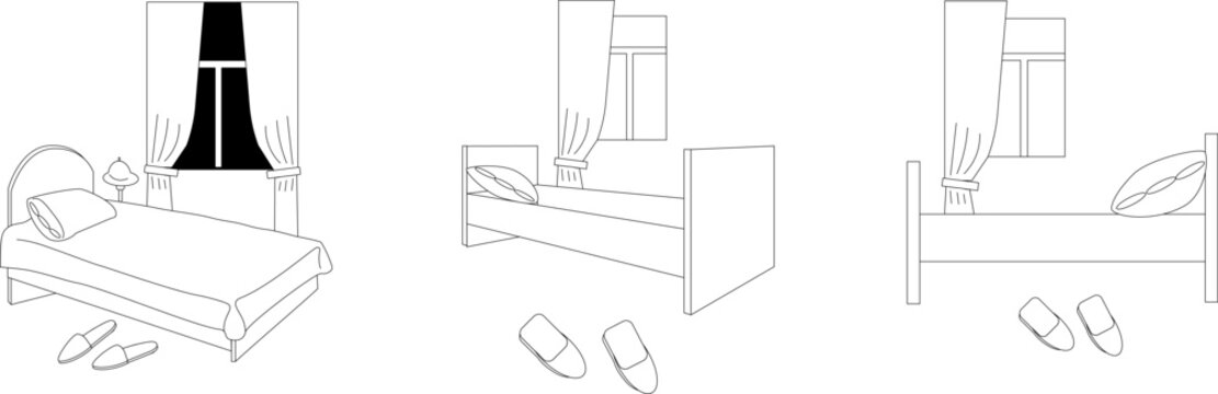 hand drown hotel room with bed, window, curtains and slippers