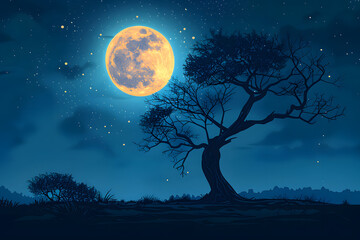Fototapeta na wymiar Illustrate the silhouette of alone tree against a full moon