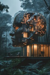 A brain-shaped network of lights overlays a house at dusk, symbolizing an advanced smart home system.