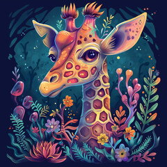 A psychedelic giraffe stands in a field of flowers.