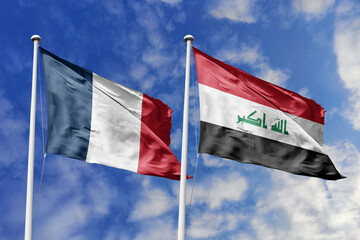 3d illustration. France and Iraq Flag waving in sky. High detailed waving flag. 3D render. Waving...