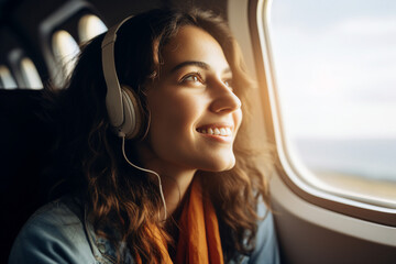 Close up portrait of a female is looking out the window of a airplane generative AI