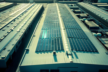 Solar panels integrated seamlessly into the design of a warehouse roof, harnessing solar energy efficiently.