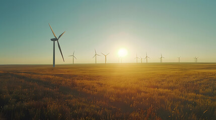 Obraz premium Sunrise over a serene wind farm, with turbines generating renewable energy amidst a vast, tranquil field