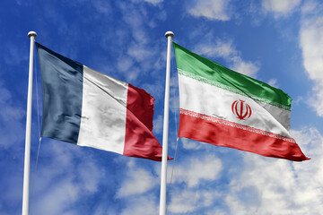3d illustration. France and Iran Flag waving in sky. High detailed waving flag. 3D render. Waving...