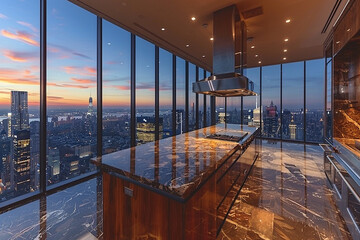 A spacious kitchen with floor-to-ceiling windows and views of the city.