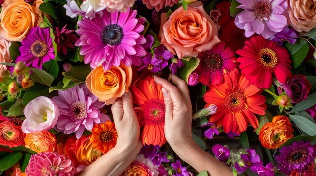 A closeup image of a florists hands delicately arranging a bouquet of bold eyecatching flowers against a backdrop of soft muted tones. .