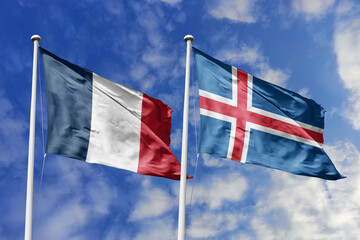 3d illustration. France and Iceland Flag waving in sky. High detailed waving flag. 3D render....