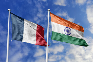 3d illustration. France and India Flag waving in sky. High detailed waving flag. 3D render. Waving...