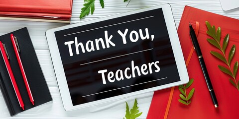 "Thank You, Teachers" message on a tablet with books and plant.