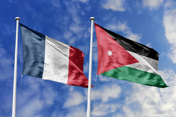 3d illustration. France and Jordan Flag waving in sky. High detailed waving flag. 3D render. Waving...