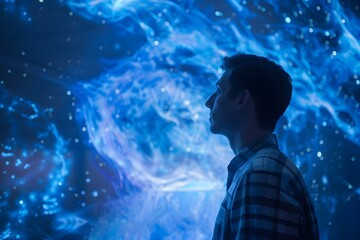 Fototapeta premium Man captivated by electric blue screen in futuristic room with stunning graphics. Concept Futuristic Technology, Electric Blue Screen, Captivated Man, Stunning Graphics, Room Design