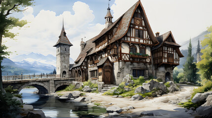 Medieval Castle House watercolor
