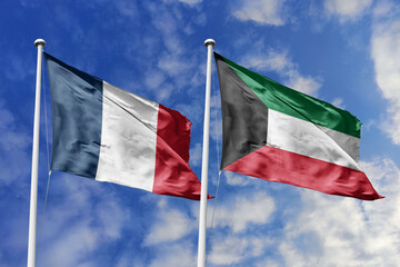 3d illustration. France and Kuwait Flag waving in sky. High detailed waving flag. 3D render. Waving...