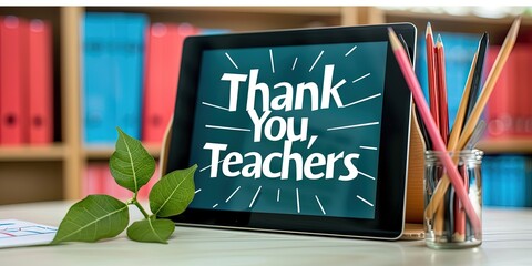 A bright, digital tablet displaying a "Thank You, Teachers" message on its screen, Generative AI