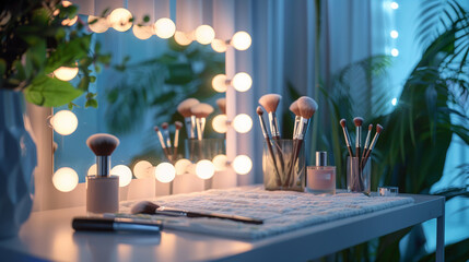 Backstage makeup station with illuminated mirror, professional brushes and white gown