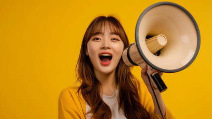 Cheerful of cute Asian woman holding megaphone making announcement.